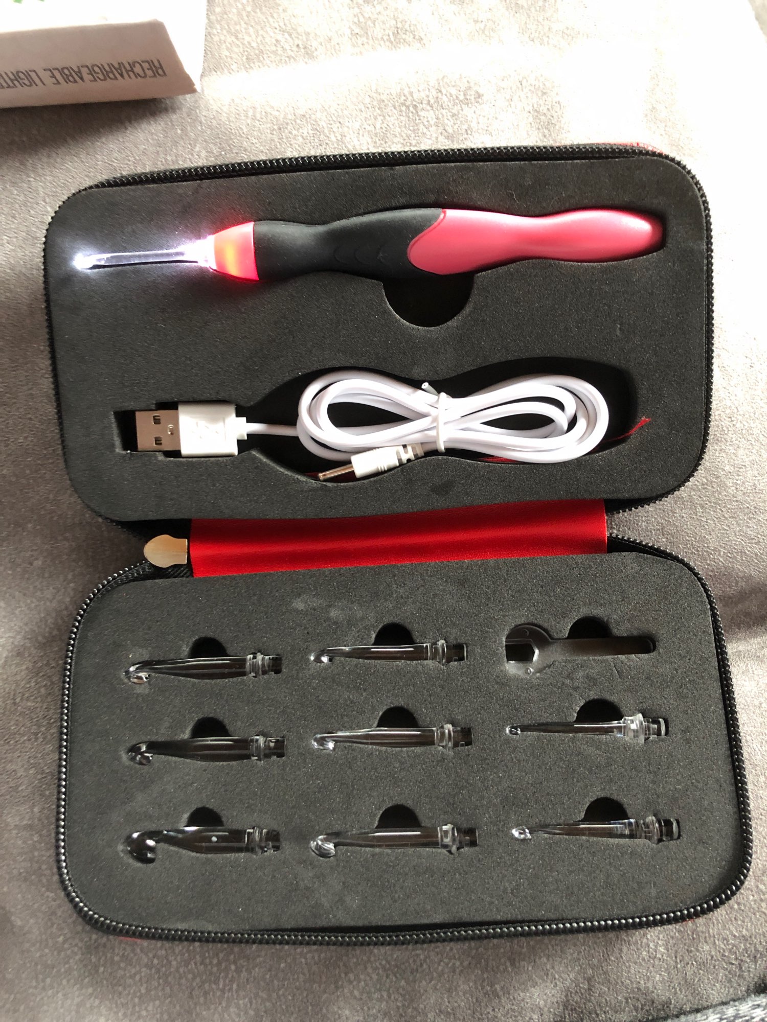 Rechargeable lighted crochet hook with interchangeable heads